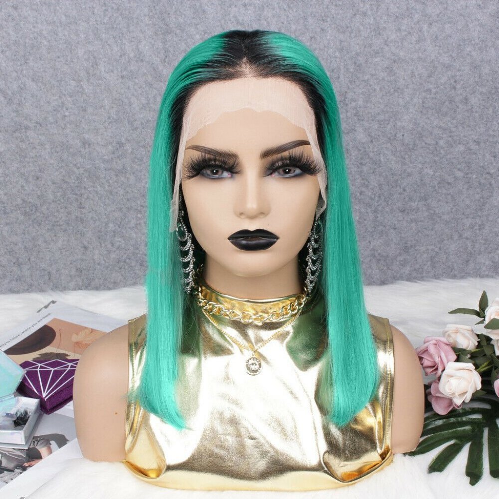 100% Human Hair Lace Front 14" #B Green Wig